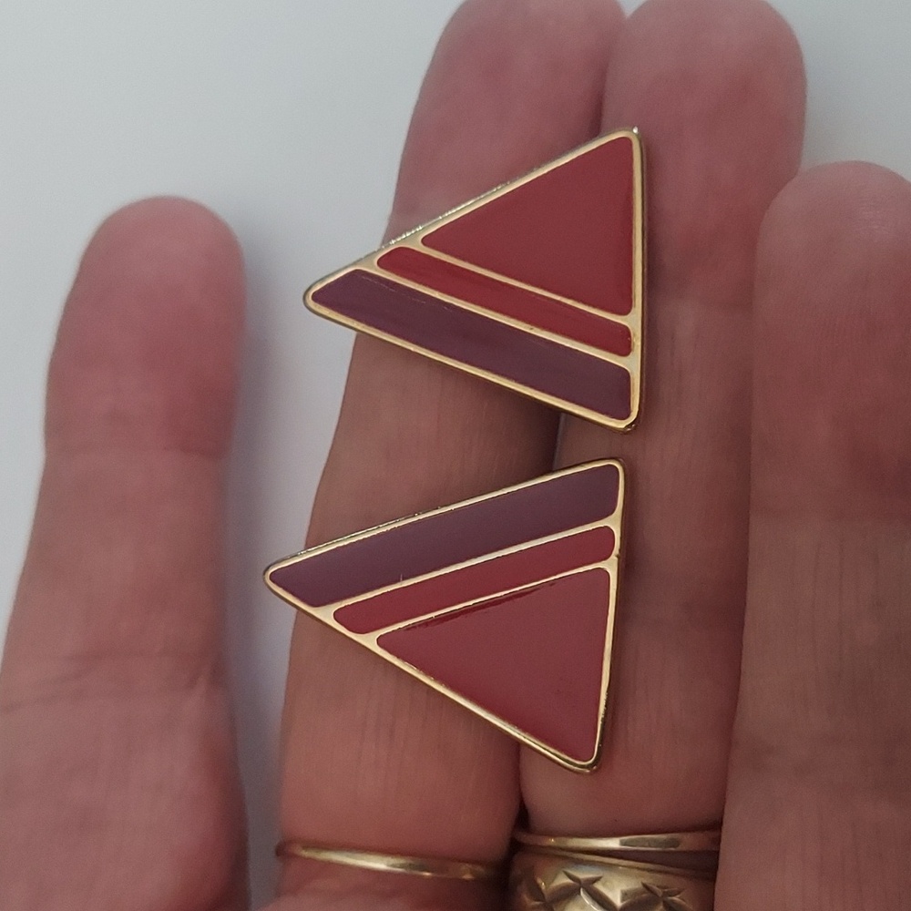 Trifari Geometric Red & Purple Triangle Stud Earrings